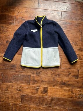 EUC Talbots Sherpa Fuzzy Navy Yellow Trim Color Block Pullover Jacket Size Med